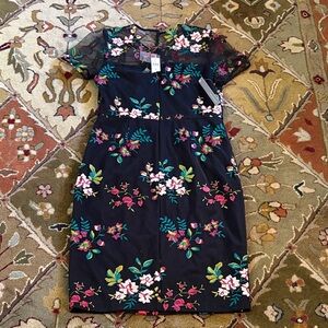 Anthropologie Black Midi Dress with Pink & White Floral Embroidery